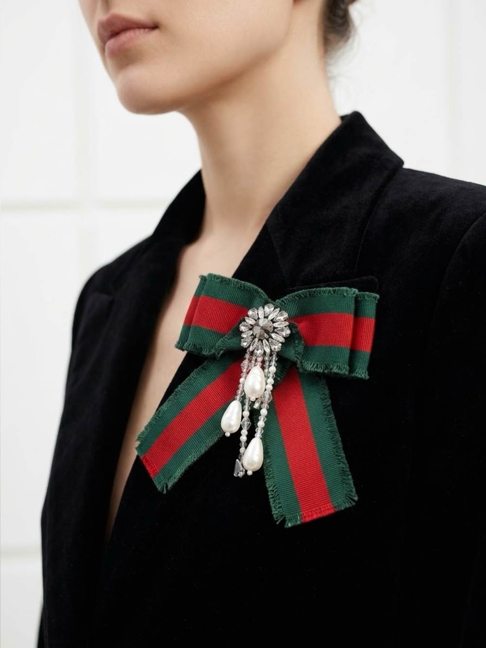 Gucci Green / Red Web Grosgrain Bow Brooch with Crystals & Pearls